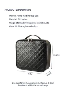 Detailed size guide of black quilted PU leather makeup bag with dimensions 26x23.5x9.5cm