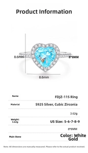 Detailed size specifications of the 8x8mm heart-cut blue sapphire silver ring