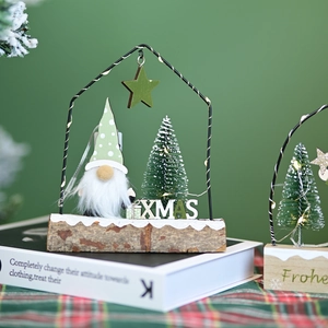 Christmas gnome wood night light with LED stars and miniature tree on XMAS base