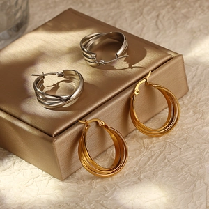 Triple Layer Round Hoop Earrings Stainless Steel Gold Plated Vintage Geometric Minimalist Jewelry For Women INS Style