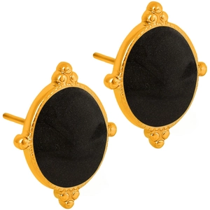 Macro detail of 18K gold plated stud earrings with black matte center and beaded edge