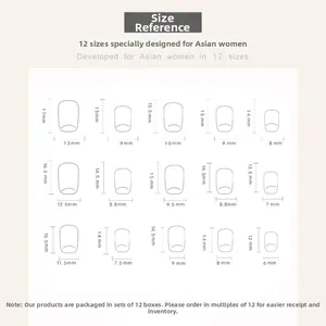 Detailed size chart for press-on nails showing 15 different dimensions in millimeters