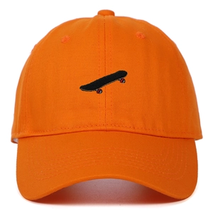 Close-up of orange baseball cap featuring black and red skateboard pattern embroidery