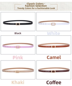 Collage of thin PU leather belts for women in six colors with gold oval buckles