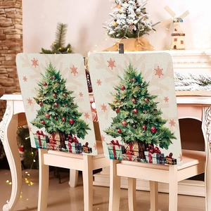 Christmas chair covers featuring festive tree and gift box prints on linen fabric