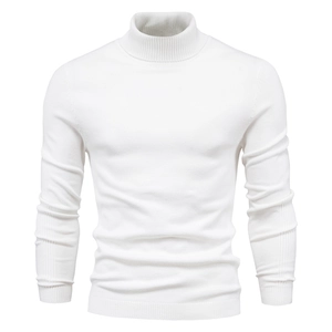 Close-up of the white knit texture and ribbed high-neck detail on this men's sweater