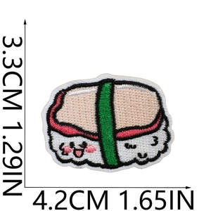 Detail view of cartoon sushi embroidery patch with dimensions in centimeters and inches