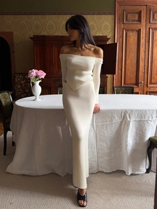 Women Knit Outfits Off Shoulder Long Sleeve Top And Bodycon Maxi Skirt Cotton Ribbed Elegant Solid Ribbed Style
