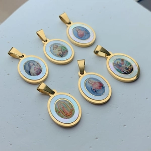 Set of gold stainless steel religious oval pendants with colorful mother of pearl inlay