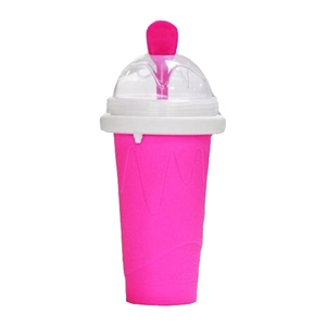 Pink portable silicone slushy maker cup with dome lid and spoon on a white background