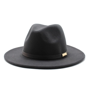 Detail of dark gray wool felt jazz hat featuring black band and gold buckle accent