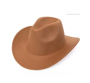 Detail view of khaki wool felt fedora showing wide brim stitching and suede texture