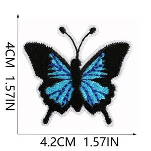 Detail view of blue butterfly embroidery patch with dimensions showing 4cm width and height