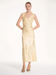 Robe Midi En Satin Jacquard Col En V Sans Manches Dos Nu Taille Haute Élégante Soirée Robe Longue Pour Femmes