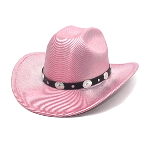 Close-up of pink western cowboy hat with silver metallic stripes and black studded band