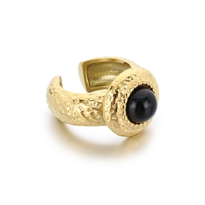 Bague ouverte dorée vintage en acier inoxydable avec texture martelée et incrustation