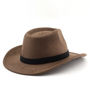 Detailed side view of a dark brown western cowboy felt hat with a black decorative band
