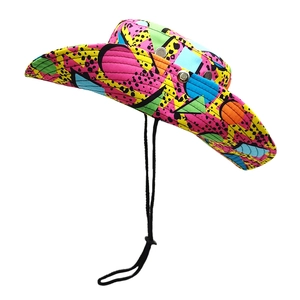 Detail of colorful geometric pattern and ventilation eyelets on western cowboy sun hat