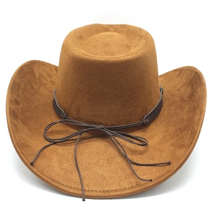 Detail of a brown suede cowboy hat with a decorative leather band and braided rope knot