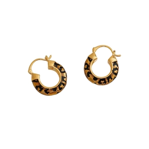 14k gold plated leopard print hoop earrings with vintage C-shape design on white background