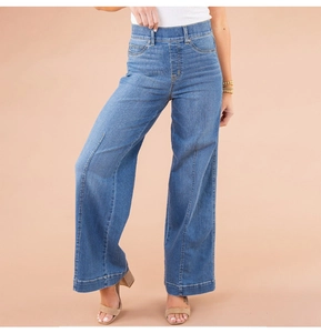 Close-up of high-waist wide-leg denim jeans with visible seams and classic pockets