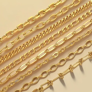 Assortment of gold stainless steel chains including Cuban and Figaro styles for DIY jewelry