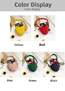 Detailed grid view showing strawberry crossbody bags in yellow, red, pink, green and black