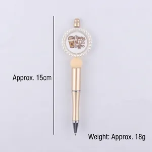 Creative gold beaded ballpoint pen with Mama Needs Coffee pearl circle design, 15cm length