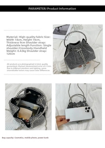 Detailed size specifications of the rhinestone bucket bag with shiny chain and handle
