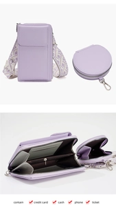 Interior detail of purple crossbody phone bag with card slots and round coin purse