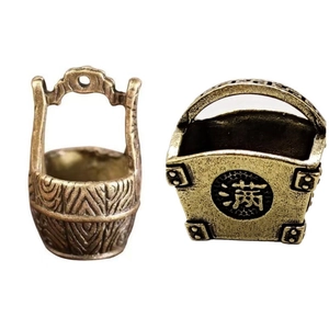 Miniature brass treasure buckets for wealth, featuring vintage wood grain and lucky engraving