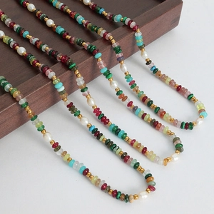 Bohemian colorful gemstone and freshwater pearl beaded titanium steel necklace set