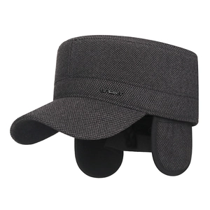 Men's winter grey wool flat cap with ear flaps and warm fleece lining for cold weather