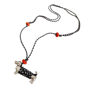 Minimalist woven cotton rope necklace with silver dachshund dog ceramic pendant and beads