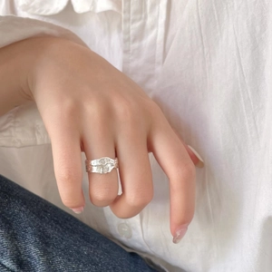 Irregular textured S925 sterling silver wide band ring with zircon for women