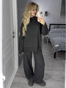 Cotton Polyester Distressed Knit Pullover And Straight Leg Pants Solid Color Casual Streetwear Women