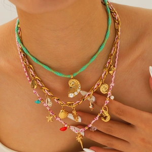 Bohemian multi-layer stainless steel necklace with seashell and starfish charms
