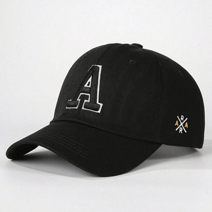 Classic black baseball cap with white 3D embroidered letter A and side logo detail