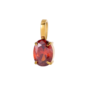 Deep red oval birthstone pendant with faceted gemstone in a golden four-claw setting