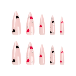 Pink almond press-on nails with red heart patterns and silver rhinestones, 10 pieces set