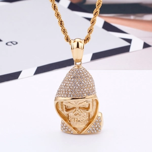 Hip hop gold skull pendant with sparkling crystals and twisted rope chain for men