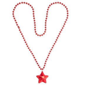 Creative heart-shaped layout of red bead chain necklace with star pendant on white background