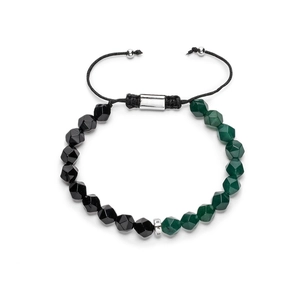 Détail macro du bracelet tressé en oeil de tigre et onyx avec cordon ajustable
