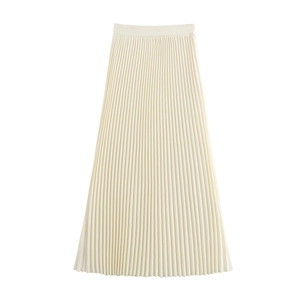 Elegant cream pleated A-line midi skirt featuring a lightweight and flowing fabric design