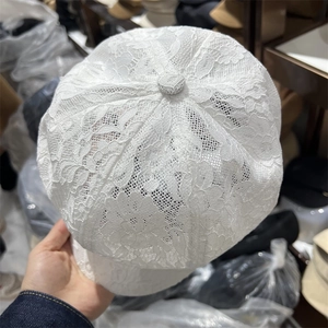 Elegant white hollow out lace octagonal newsboy cap with breathable retro floral pattern