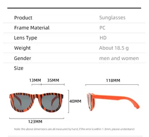 Detailed size chart for kids camouflage party sunglasses with precise measurements