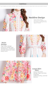 Detail view of floral print dress showing mandarin collar, belted waist and flowy hemline