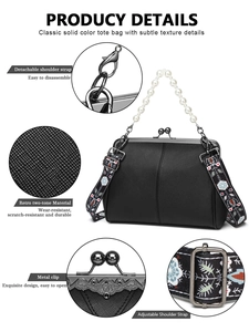 Detail view of black textured tote bag with metal clip closure and pearl handle accent
