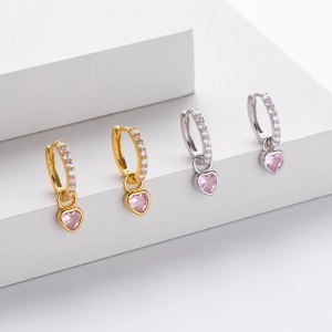 Minimalist S925 sterling silver heart drop earrings with pink cubic zirconia stones