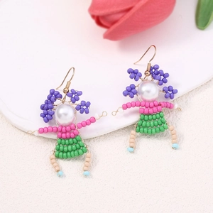 Handmade colorful cartoon character beaded earrings with creative puppet design on white background